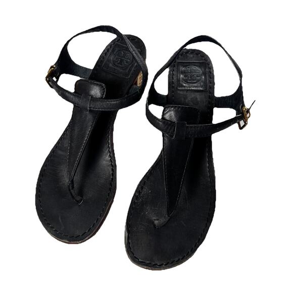 TORY BURCH Audra Gold Logo Block Heel Sandals in Black 8.5 - Picture 1 of 5